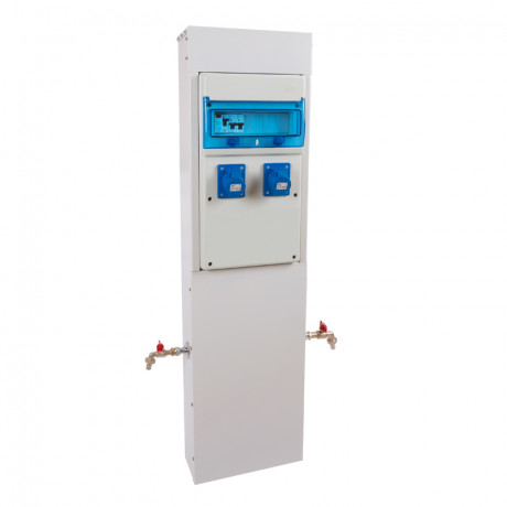 Borne de camping métallique avec 2 prises 10A + 2 robinets